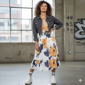 Floral Three Quarters Sleeve Tiered Maxi Dress White Yellow Large